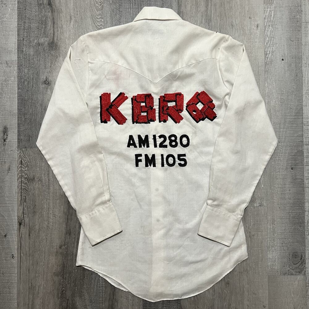 Vintage KBRQ Chain Stitch Radio Station White Pearl Snap Sheplers Western Shirt
